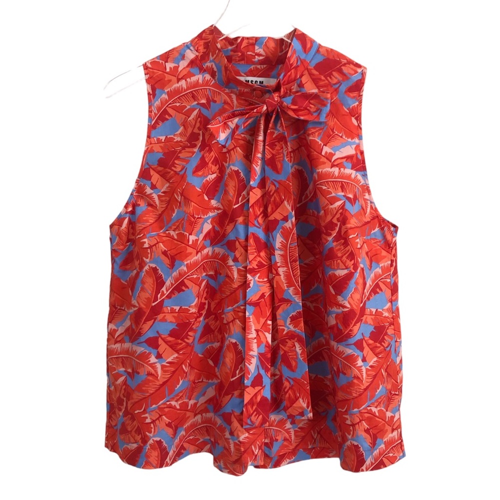 MSGM | Tropical Print Tie Neck Sleeveless Blouse Size 12 Red Blue